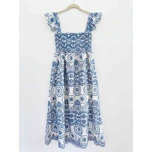 Embroidered Cut Out Maxi - Eyelet Blue Smocked Dress
